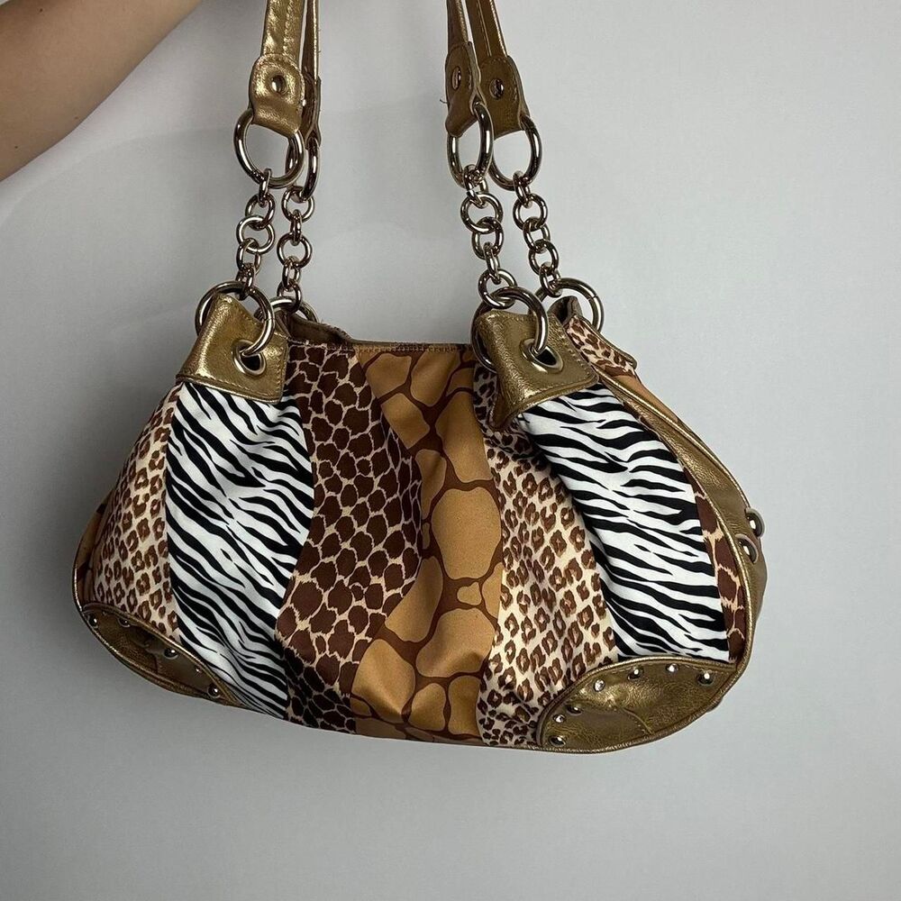 Kathy Van Zeeland Vintage Y2K Brown Gold Leopard and Zebra Print Shoulder Bag